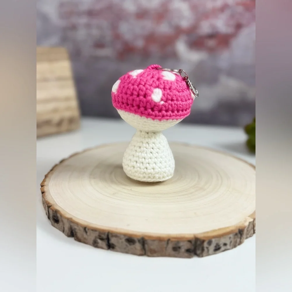 Handcrafted Mushroom Pink and White Crochet Keychain